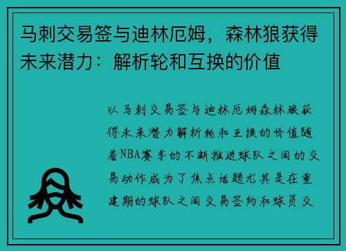 马刺交易签与迪林厄姆，森林狼获得未来潜力：解析轮和互换的价值