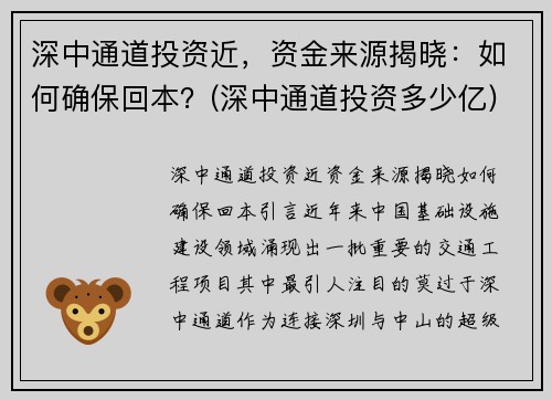 深中通道投资近，资金来源揭晓：如何确保回本？(深中通道投资多少亿)
