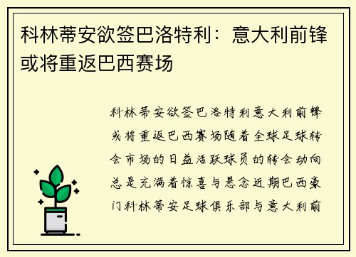 科林蒂安欲签巴洛特利：意大利前锋或将重返巴西赛场